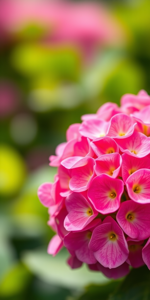 macro shot of vibrant pink hydrangea flowers with shallow depth of field, f/2.8 aperture, ISO 100, 50mm lens, soft natural lighting, high-resolution image with smooth bokeh background.