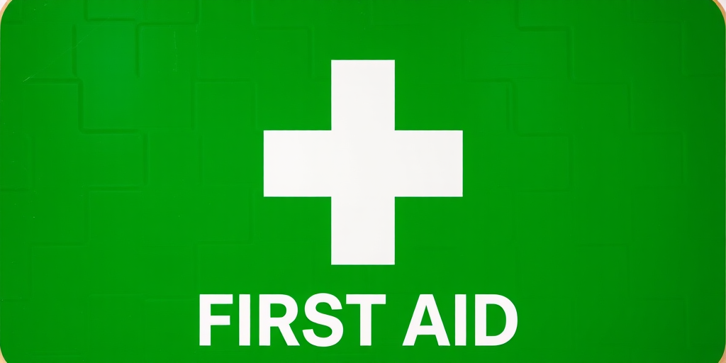 Create a detailed first aid sign with a bright green background and a bold white cross in the center, include the words "FIRST AID" in clear, legible text at the bottom, shot with a Canon EOS R5, 50mm lens, f/2.8 aperture, ISO 100, and 1/200 second shutter speed for high clarity and sharpness.