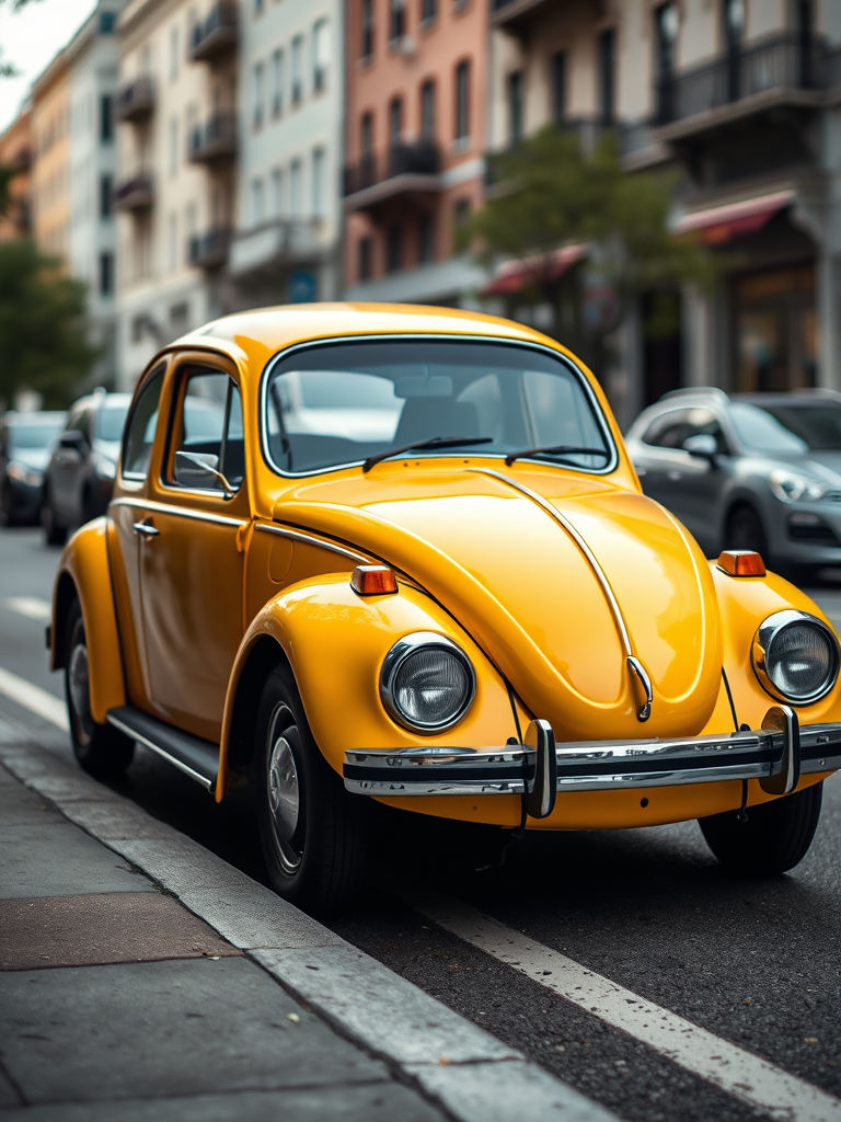 Regenerate the image of a classic yellow Volkswagen Beetle parked on a city street, using a DSLR camera with a 50mm lens aperture set to f/8, ISO 100, and a shutter speed of 1/200s, capturing a side profile view with soft natural lighting.