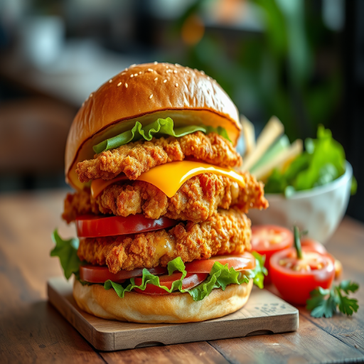 create an image of a delicious chicken burger stacked with crispy fried chicken, melted cheese, fresh lettuce, and ripe tomatoes on a wooden table, with a blurred background, using a Canon EOS R5, 50mm lens, aperture f/2.8, ISO 200, and soft natural lighting.