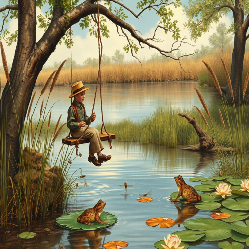Imagine a small group of old fashioned young boys out fishing by the creek, a swing hanging from a tree branch, reeds and grasses by the water's edge, a frog sitting on a lily pad, dragonflies hovering over som water plans, a very iconic old fashioned scene reminiscent of a Norman Rockwell painting style