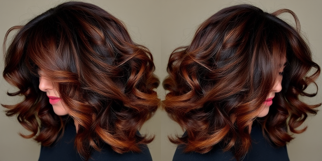 Sultry dark chocolate brown hair with caramel swirls, created by Mocha Swirl, showcasing a voluminous blowout with bouncy curls and subtle honey-toned highlights framing the face