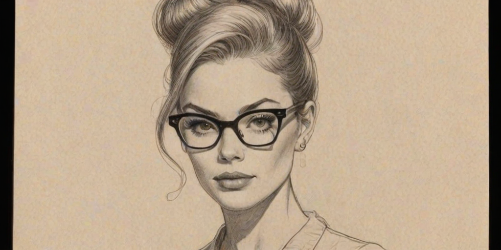 Enchanting Afton Williamson, pencil sketch, portrait of Gorgeous woman 1964s in glasses, hair style beatnik, outline, clear lines, fine lines, 8k