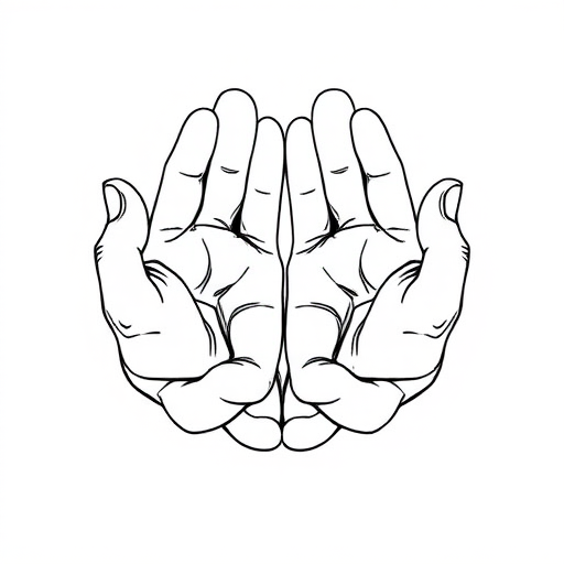 Create a high-resolution line art illustration of two open hands cupped together, with a slight perspective view, using a Canon EOS R5 camera, aperture f/8, shutter speed 1/250, ISO 100, and a 50mm lens for sharp detail and depth.