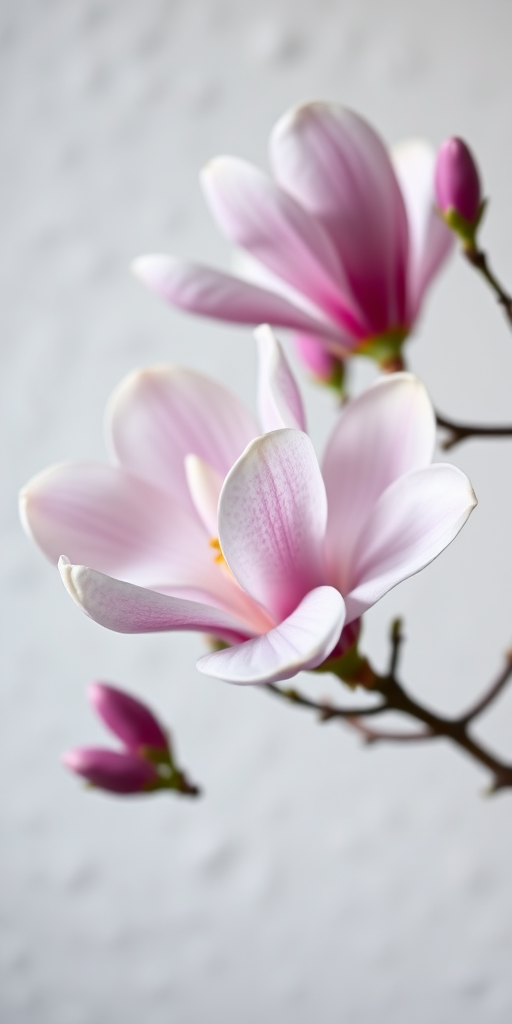 create a soft-focus macro photograph of blooming magnolia flowers against a textured light background, aperture f/2.8, shutter speed 1/200s, ISO 100, 50mm lens, natural light