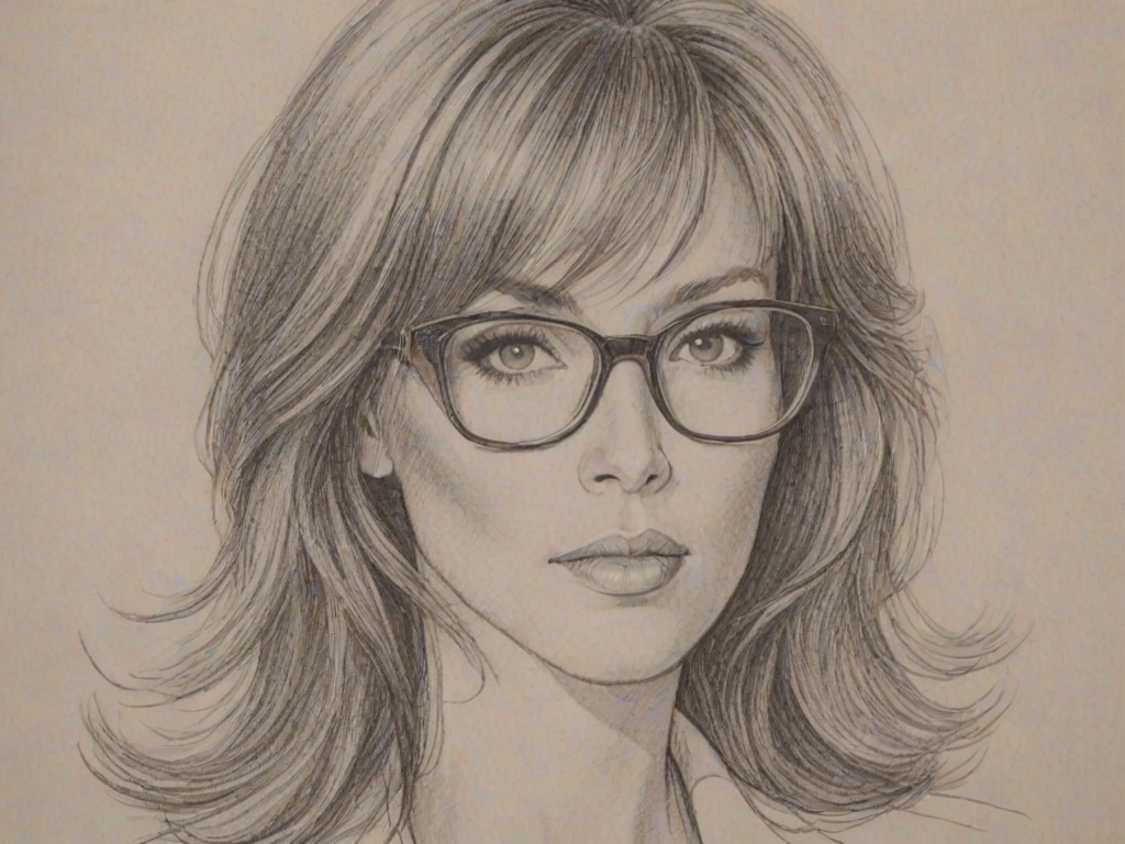 Comely Tanya Roberts, pencil sketch, portrait of Fetching woman 1963s in glasses, hair style beatnik, outline, clear lines, fine lines, 8k