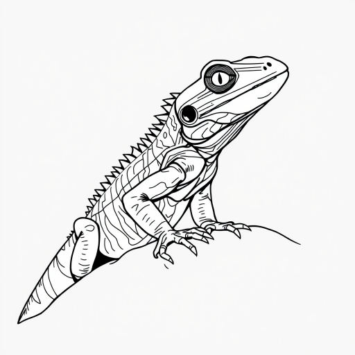 Create a detailed line art illustration of a stylized lizard with prominent features, high contrast, and a textured background, captured using a DSLR camera with a 50mm lens, f/1.8 aperture, ISO 100, and natural soft lighting.