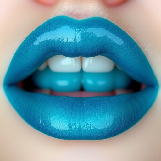 Serene ocean lips painted in various shades of blue and teal, with subtle white accents resembling sea foam and a glossy finish like water