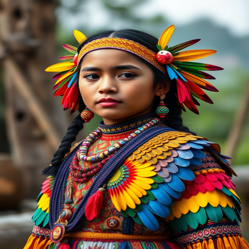 A beautiful Maya girl, wearing colorful bird clothing with vibrant colors
