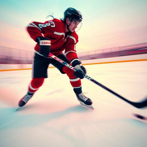 Capture a dynamic ice hockey player in action with a focus on motion blur and vibrant colors, using a DSLR camera with a 50mm lens, f/1.8 aperture, ISO 400, and a high shutter speed of 1/1000s, shot from a low angle to emphasize speed and intensity against a soft, pastel background.