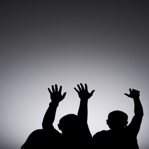 Create a high-quality image of four silhouetted figures with their hands raised against a gradient gray background, using a DSLR camera at f/8 aperture, ISO 200, 50mm lens, and a slight overhead angle for depth.