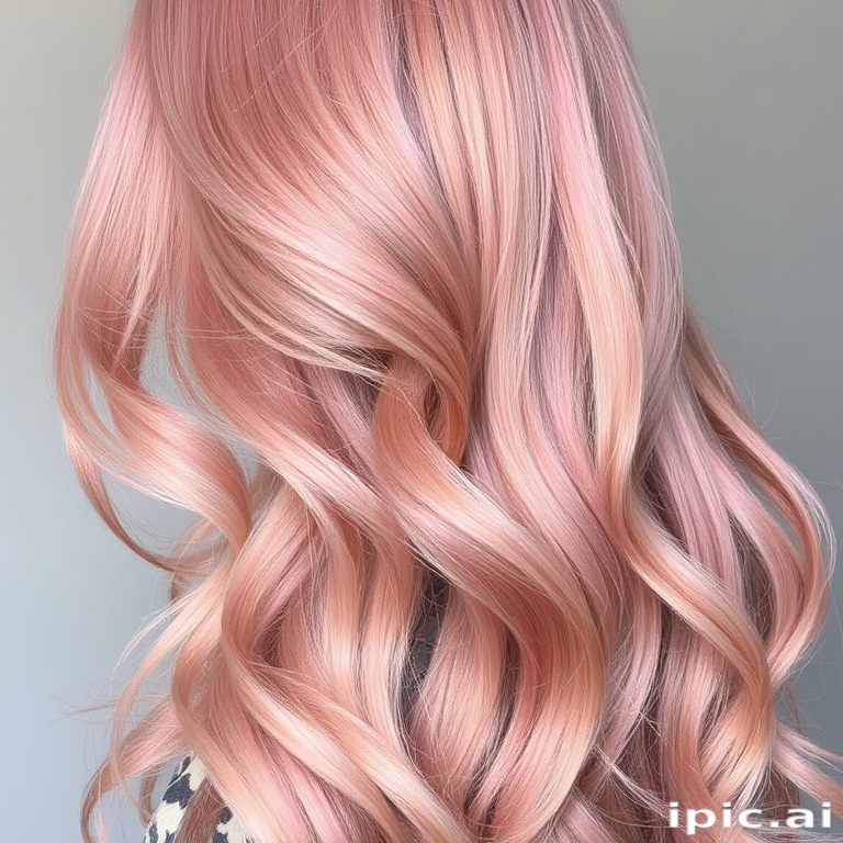 Graceful photograph featuring Rose Gold Mist tresses, a soft pink-tinged metallic hue in long, flowing layers with subtle waves throughout