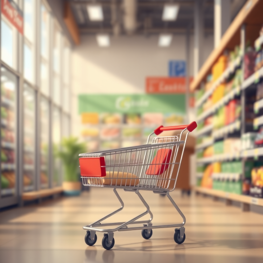 create a realistic illustration of a shopping cart in a grocery store setting, with soft natural lighting, a shallow depth of field, taken with a DSLR camera at f/2.8, ISO 200, and a focal length of 50mm, focusing on the cart with a blurred background.