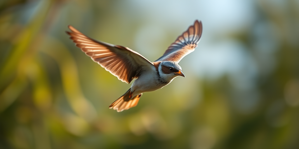 Regenerate an image of a bird in flight with a high-definition focus, using a 50mm lens at f/2.8, shutter speed 1/1000s, ISO 200, top-down view, shot in natural light, digital camera.