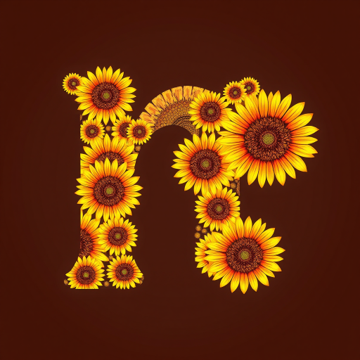 Generate an intricate illustration of the letter "n" filled with sunflower patterns in warm yellows and oranges, captured with a Canon EOS 5D Mark IV at f/2.8, 50mm lens, ISO 100, natural lighting, high-resolution digital art style.