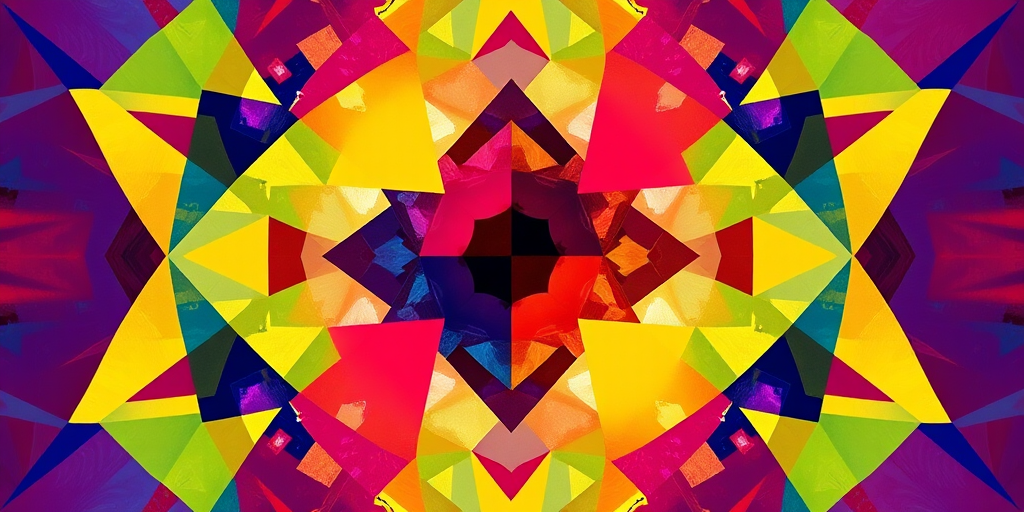 Create an abstract digital artwork featuring vibrant colors and geometric shapes, using a Canon EOS R5 with a 50mm f/1.2 lens, aperture set to f/2.8, ISO 100, shutter speed 1/200s, captured from a slightly elevated front view in bright, natural lighting for enhanced clarity and detail.