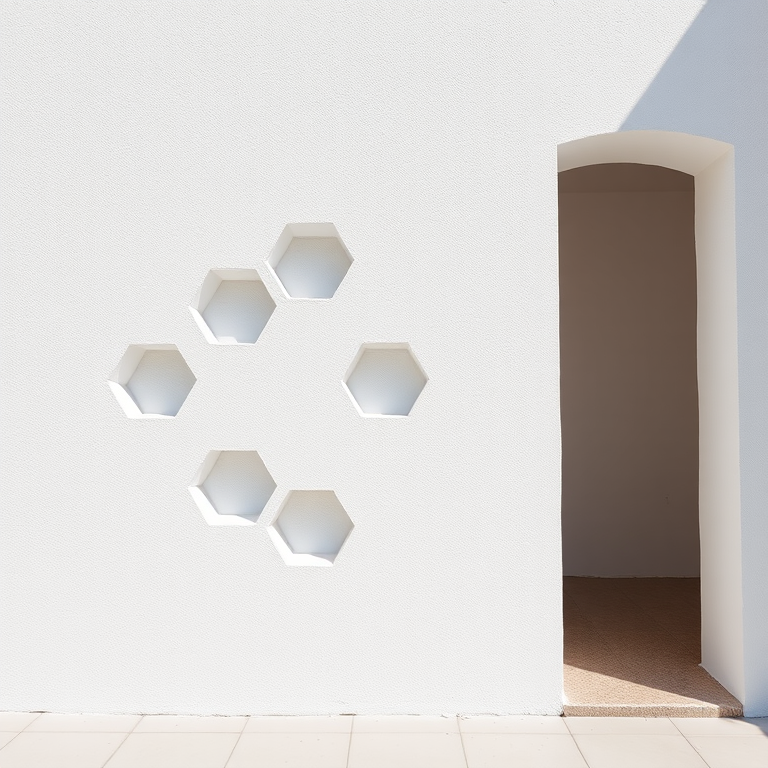 Create an image of a white wall with hexagonal cutouts, taken with a DSLR camera at f/8, ISO 100, 1/250 sec, in a wide-angle view, with natural lighting and a focus on texture.