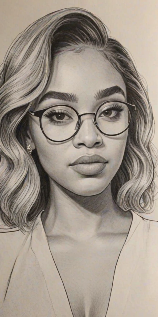 Sublime Jordyn Woods, pencil sketch, portrait of Sublime woman 1941s in glasses, hair style beatnik, outline, clear lines, fine lines, 8k