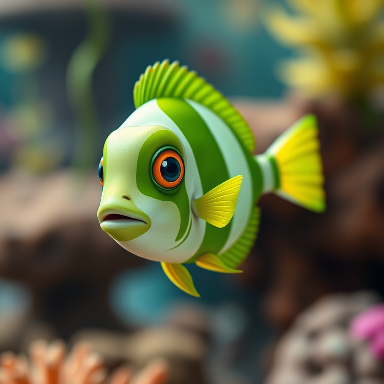 Create a vibrant cartoon-style image of a green striped fish, shot with a DSLR camera at f/8, shutter speed 1/250, ISO 200, with a focus on the fish and a blurred background to enhance visual appeal.