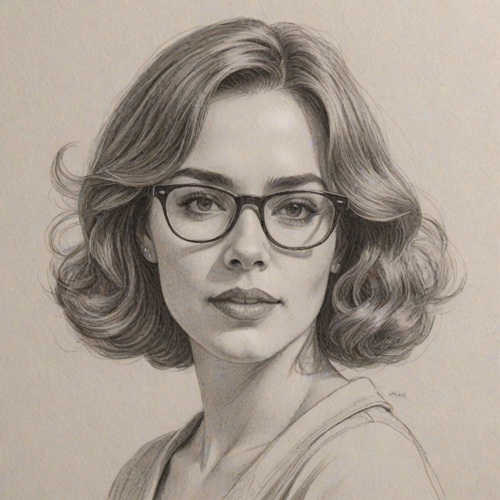 Ravishing Eden Espinosa, pencil sketch, portrait of Splendid woman 1976s in glasses, hair style beatnik, outline, clear lines, fine lines, 8k