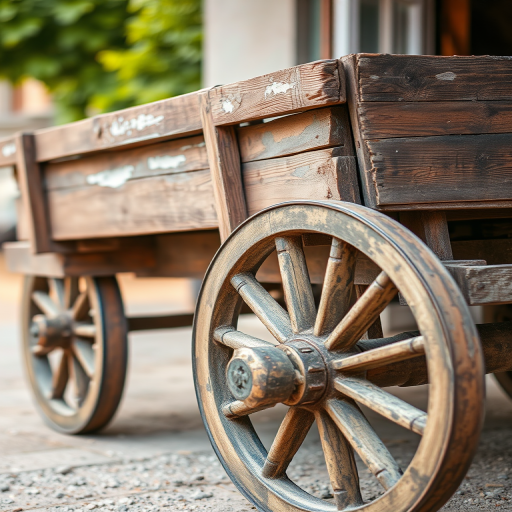 Photograph a rustic wooden cart with weathered textures and peeling paint, using a DSLR camera with a 50mm lens, aperture f/2.8, ISO 200, in natural daylight from a low angle to emphasize the wooden details and wheel structure, ensuring a shallow depth of field for a soft background blur.