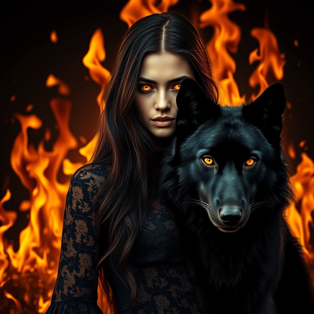 A woman with long dark hair, wearing a black lace dress that seamlessly blends into her skin with intricate floral patterns. She is in the foreground, with a black wolf beside her; its fur is midnight black, and it has glowing, intense, orange eyes that match hers. Her eyes are partially closed with burning embers above them, giving a fiery and mystical aura. The background is engulfed in tall, roaring flames, contributing to an overall dark and supernatural atmosphere. The colors are intense, predominantly black, fiery orange, and deep reds, with sharp contrast highlighting the mysterious and fierce theme. The flames are bright and dynamic, casting dramatic light and shadow, illuminating the woman and wolf while leaving parts in near darkness. The image evokes a sense of otherworldly power and connection between the woman and the wolf.