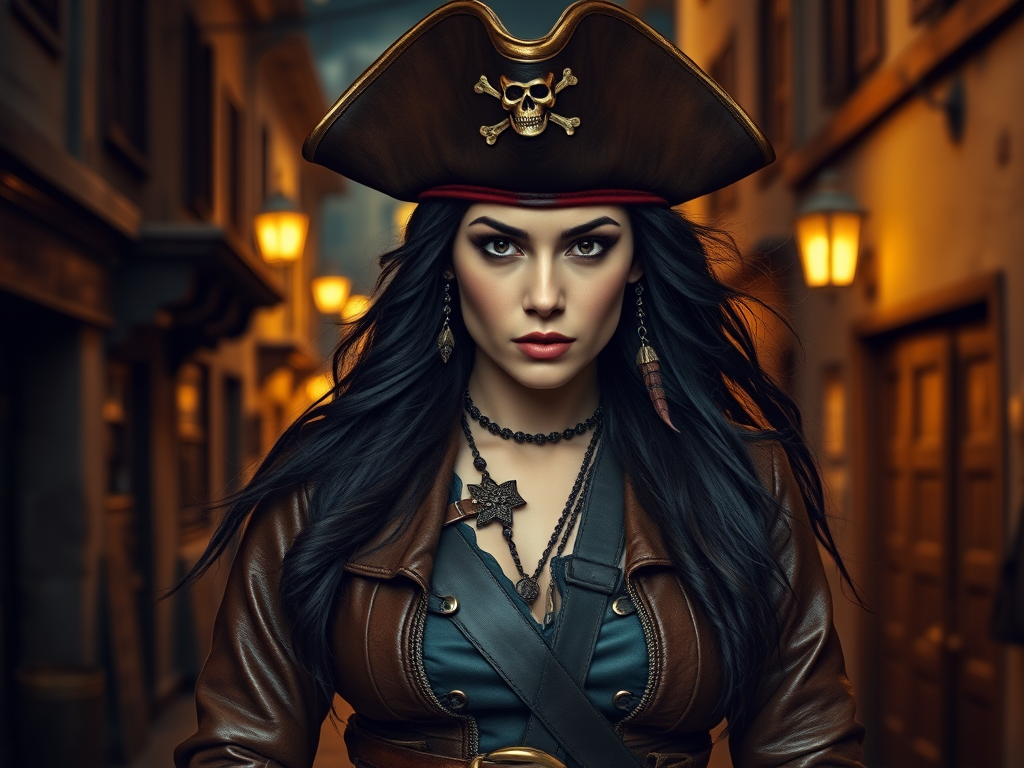 Create a portrait of a fierce female pirate. She wears a leather tricorn hat adorned with a skull and crossbones emblem, and her long, dark hair flows around her face. Her outfit consists of a richly detailed leather jacket, a corset, and multiple layers of belts and accessories, giving her a formidable and stylish appearance. She stands confidently in a dimly lit, historic port town, with a backdrop of weathered buildings and cobblestone streets, capturing the adventurous spirit of a pirate.