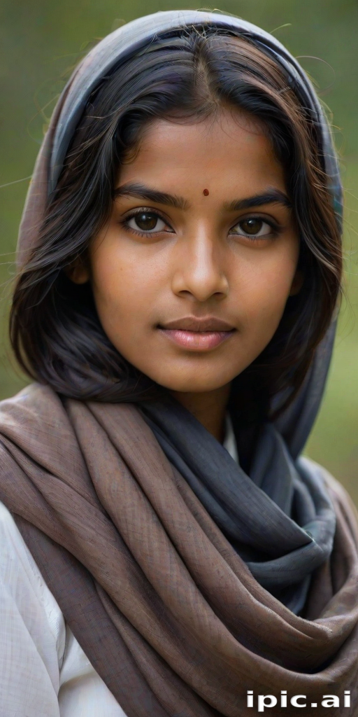 Create a portrait of a young Sri Lankan woman with long, dark hair and captivating hazel eyes. She is wearing a dark headscarf and a matching scarf draped gracefully around her neck. The background is softly blurred, focusing attention on her serene and natural expression. The overall color palette is muted and warm, enhancing the intimate and authentic feel of the portrait.