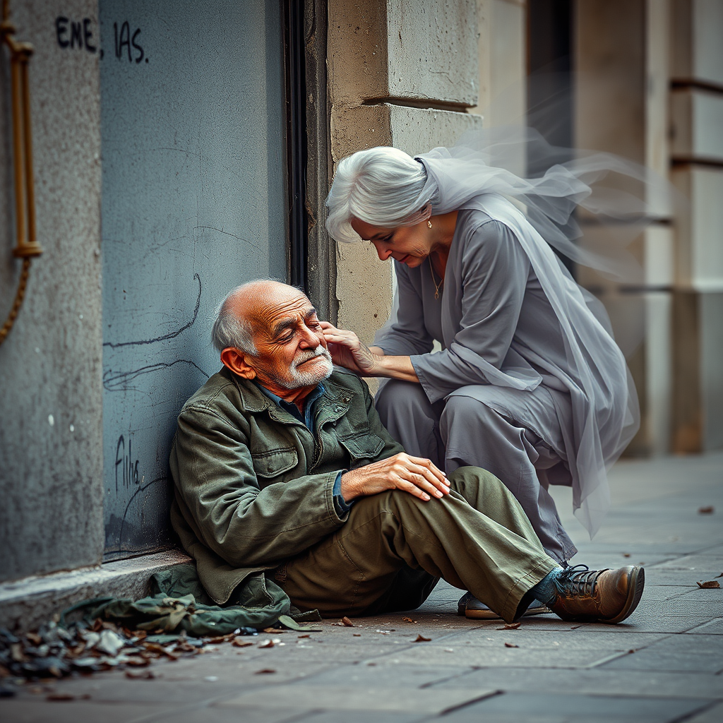 beautifully weathered old homeless veteran sitting on the ground slumping against the wall of a building with his eyes closed. there is an Ethereal, translucent figure of a beautiful elderly woman comforting him