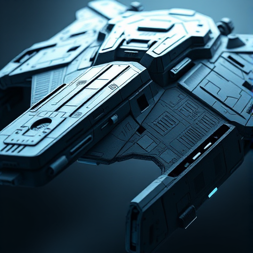 A detailed 3D rendering of a futuristic starship with intricate surface details and lighting, captured at a low angle with a wide-angle lens, using a DSLR camera at f/8, ISO 100, 1/200 sec exposure, in high resolution.