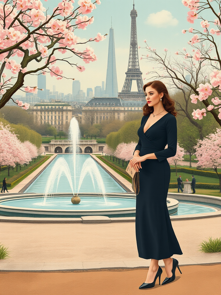 Regenerate a vintage illustration of two elegantly dressed women in the foreground of a beautifully detailed park with a fountain, cherry blossom trees, and a backdrop of an iconic city skyline featuring the Eiffel Tower, using a Canon EOS 5D Mark IV camera, 50mm lens, f/8 aperture, ISO 100, with a soft focus style to enhance the colors and details.