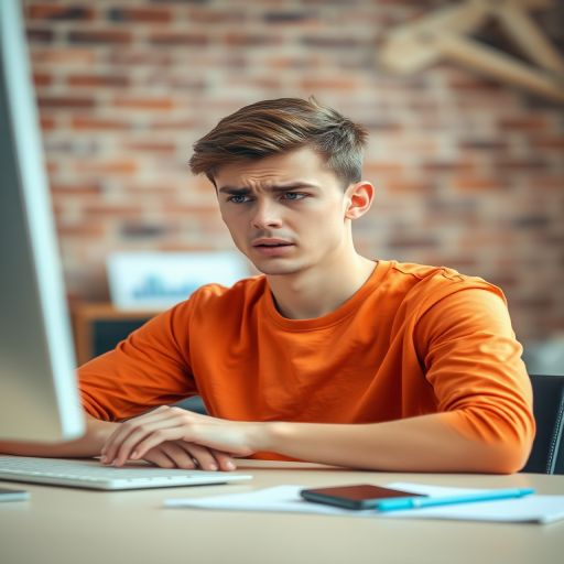 Capture a young man in an orange shirt sitting at a desk with a distressed expression while looking at a computer, indoor setting with brick wall background, natural light, depth of field, 50mm lens, f/1.8, ISO 200, shutter speed 1/125 sec, using a DSLR camera.