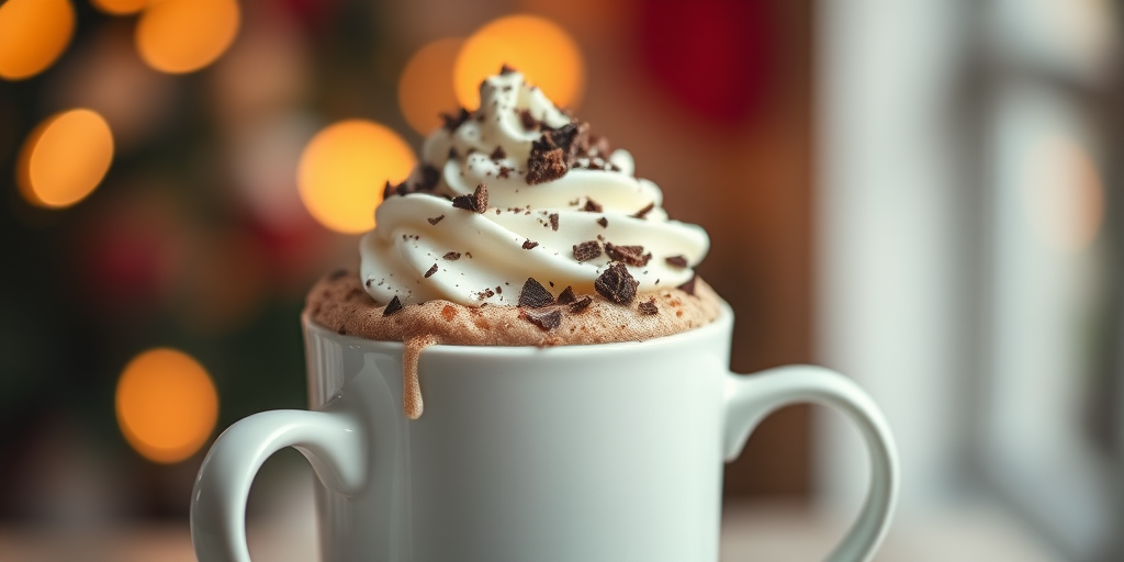 hot chocolate in a white mug topped with whipped cream and chocolate shavings, warm bokeh background with festive lights, DSLR, f/2.8 aperture, ISO 200, 50mm lens, front view, soft focus