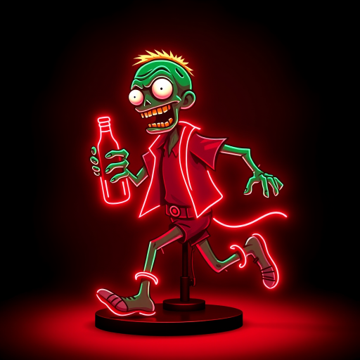 Create an image of a neon sign featuring a cartoon-style zombie in a dynamic pose, holding a bottle. The neon sign should glow in red against a dark background, making the character stand out prominently. The character should appear to be running, capturing attention with its vibrant color and action pose, perfect for advertising or decorative purposes.