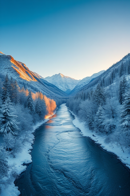 Capture a breathtaking winter landscape featuring a river surrounded by snow-covered trees and mountains under a clear blue sky, shot with a Canon EOS R5, 24mm lens, f/8 aperture, ISO 100, and a shutter speed of 1/125s, using a golden hour light for enhanced warmth and contrast.
