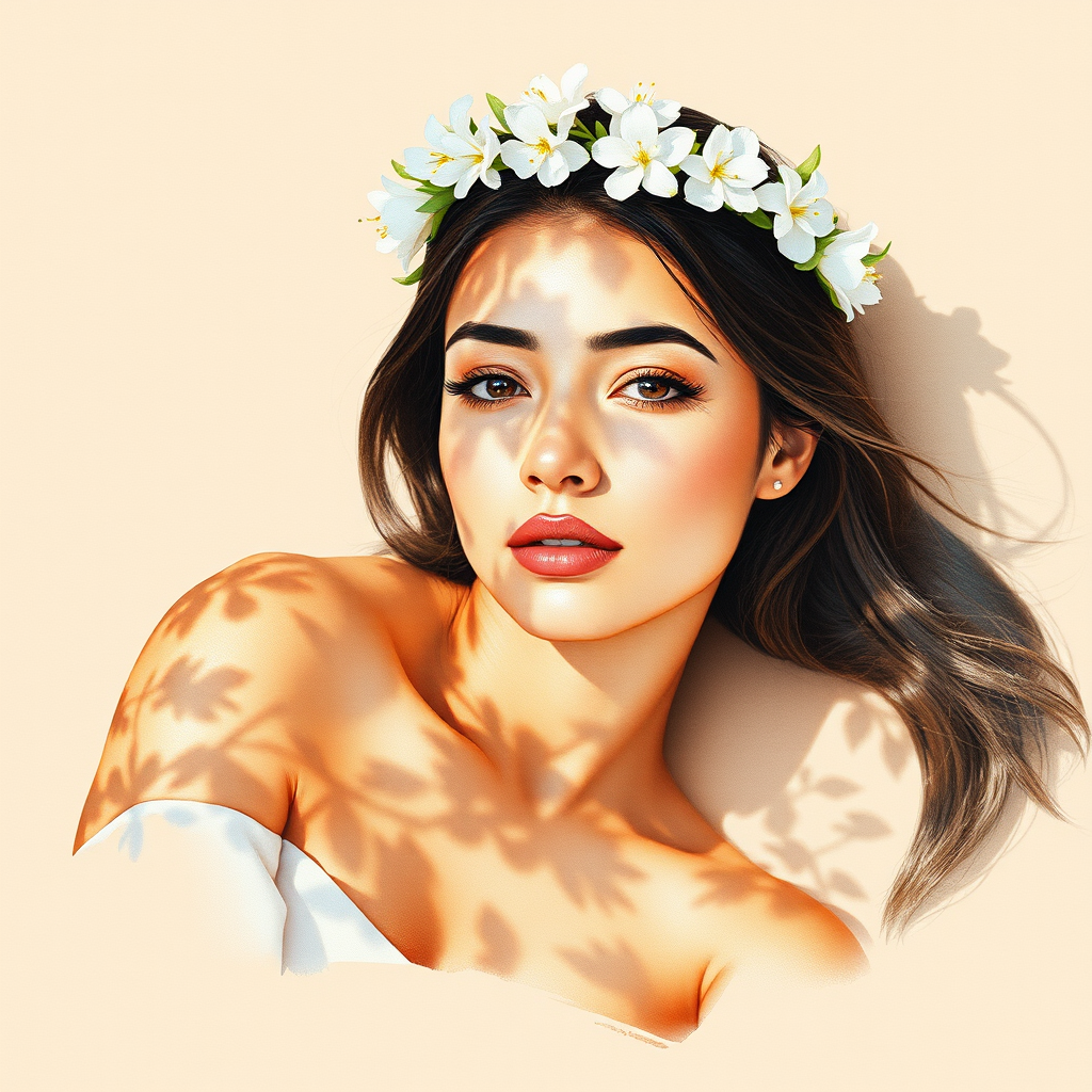 create a watercolor painting of an ethereal portrait of beautiful Hispanic woman with a simple white flower crown on her head. Her hair is long and she is lying on the ground. The sunlight on the trees casts shadows from the leaves on her face and body. The background is a neutral brown color that matches her skin tone. The image is minimalist and solid colors. This style is characterized by soft, delicate brushstrokes and a light, airy, contrasting color palette. High level of detail and play of light