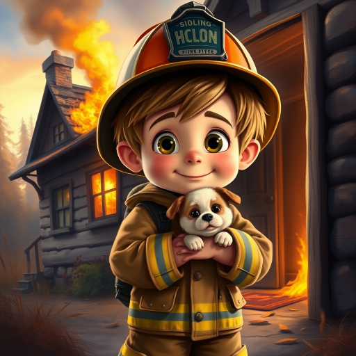 airbrushed oil painting, pixar style, cute little boy in fireman gear, helmet, tousled hair, expressive eyes, standing in the doorstep of a cottage burning behind him, holding a cute little dog in his arm, atumn sky