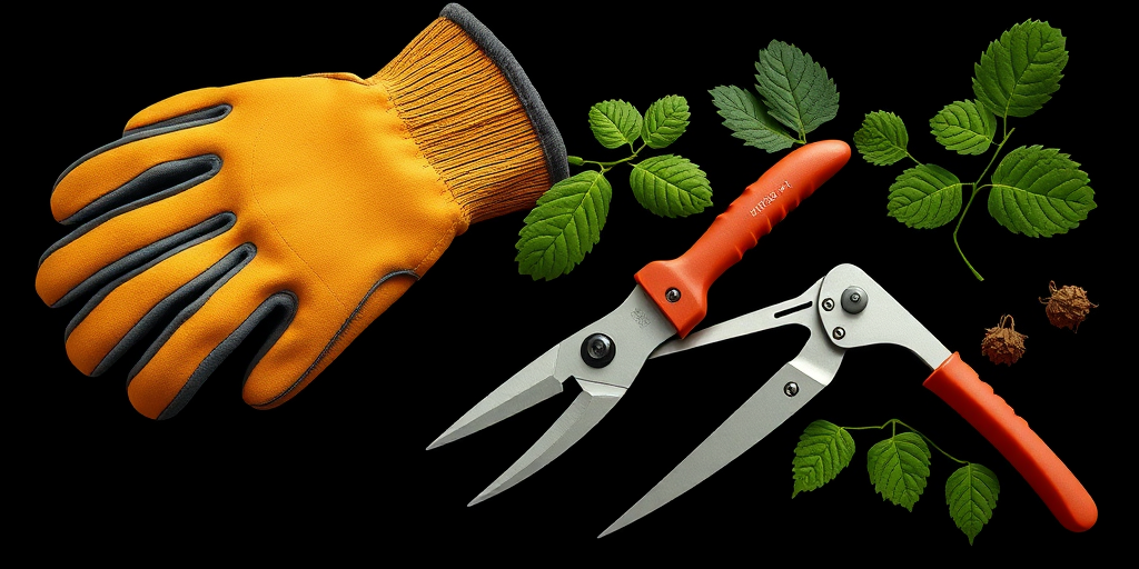 Create an illustration of gardening gloves and pruning shears on a black background, with a focus on detail and texture, using a Canon EOS R5 camera, 50mm lens, aperture f/1.8, ISO 100, natural lighting, vibrant colors, and high-resolution quality.