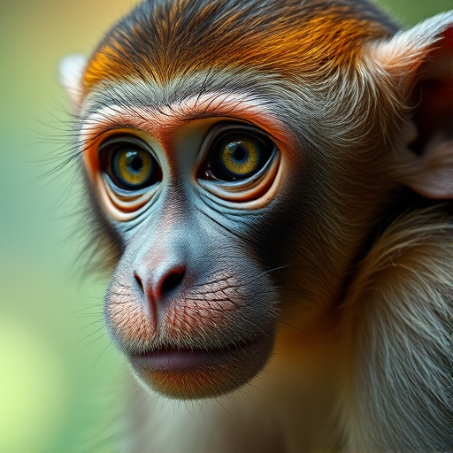 Capture a close-up portrait of a monkey with a detailed focus on its facial features and expressive eyes, using a Canon EOS 5D Mark IV, 85mm lens, aperture set to f/1.8, ISO 200, and a shallow depth of field to create a blurred background effect.