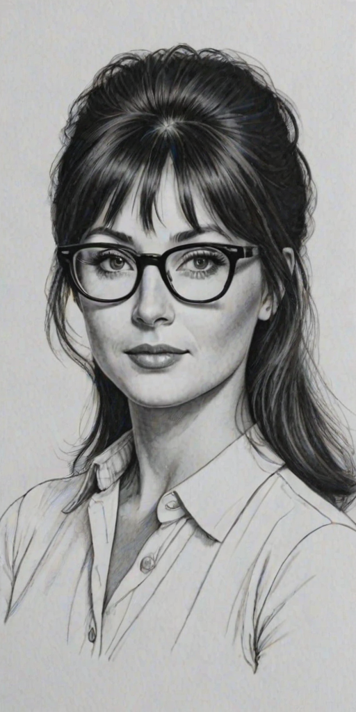 Sublime Shannon Doherty, pencil sketch, portrait of Ravishing woman 1963s in glasses, hair style beatnik, outline, clear lines, fine lines, 8k