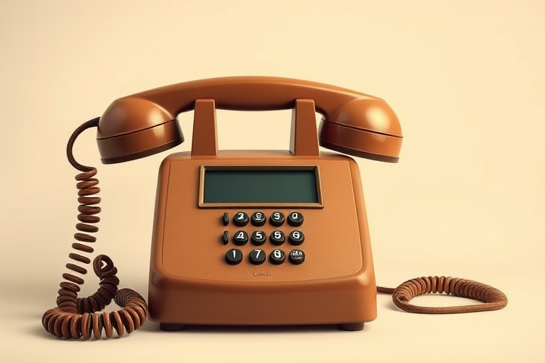 create a highly detailed illustration of a vintage brown landline telephone with a coiled cord and a flat screen, using soft lighting and a neutral background, shot with a DSLR camera at f/4 aperture, ISO 100, 50mm lens, from a slightly elevated angle for depth and perspective