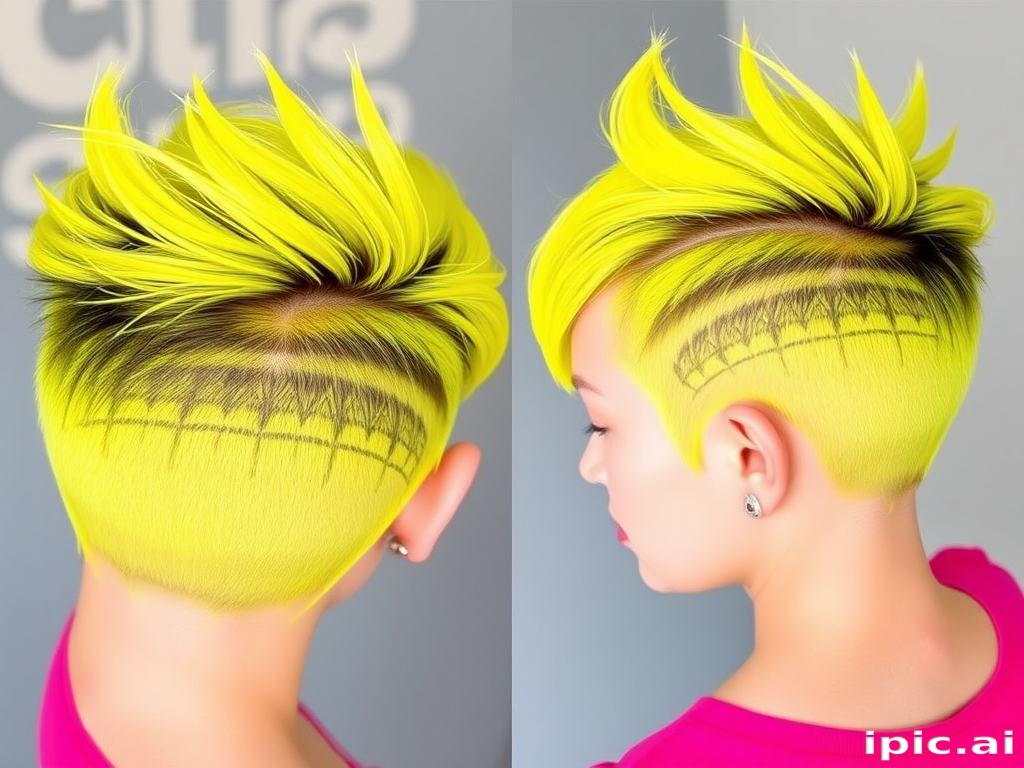 Fierce neon yellow pixie cut with shaved sides and intricate geometric patterns, embodying bold creativity, known as "Electric Canary"