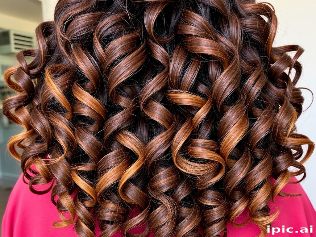 Luscious chocolate brown curls styled in the "Cocoa Cascade" fashion tumble down her back in voluminous ringlets, interspersed with caramel highlights and a subtle ombre effect