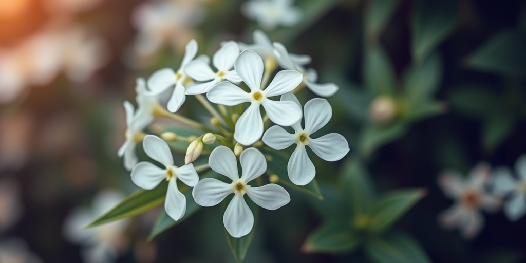 Generate a high-resolution image of white flowers with delicate petals surrounded by green leaves in a soft, dreamy background, using a DSLR camera with a 50mm lens at f/1.8, ISO 100, and a shallow depth of field for enhanced focus on the blooms.