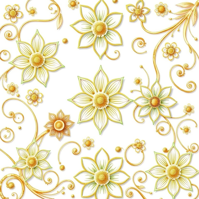 Create an intricate floral design featuring ornate line art of flowers and swirling patterns, focusing on light green and gold tones against a white background, captured using a DSLR camera at f/2.8, ISO 100, 50mm lens, top-down view, with soft focus to enhance texture details.