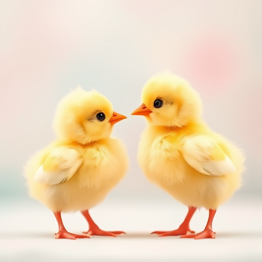 create a vector illustration of two cartoon chicks, one pale yellow and one bright yellow, facing each other, with simple features and round bodies, use a soft focus background with pastel colors, shot on a Canon EOS R5 with a 50mm lens at f/2.8, with a shallow depth of field for enhanced detail and vibrancy