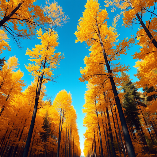 Create a vibrant digital illustration of a forest with tall trees and golden leaves under a clear blue sky, using a 50mm lens at f/2.8, ISO 100, and a warm color palette for enhanced depth and contrast, capturing a painterly style reminiscent of impressionism.