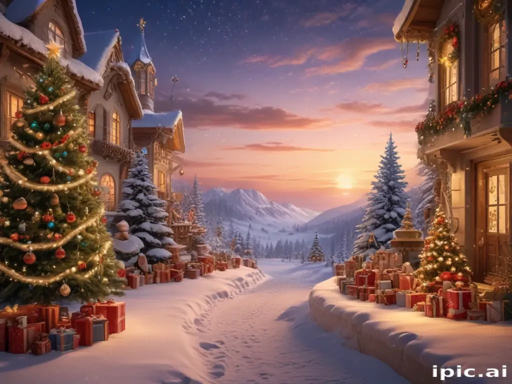 Charming Winter Village Scene with Christmas Trees and Snow-Covered Pathway