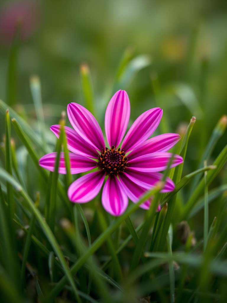 macro shot of a vibrant pink flower surrounded by green grass, shallow depth of field, f/2.8 aperture, 50mm lens, ISO 100, natural lighting, DSLR camera, soft focus background
