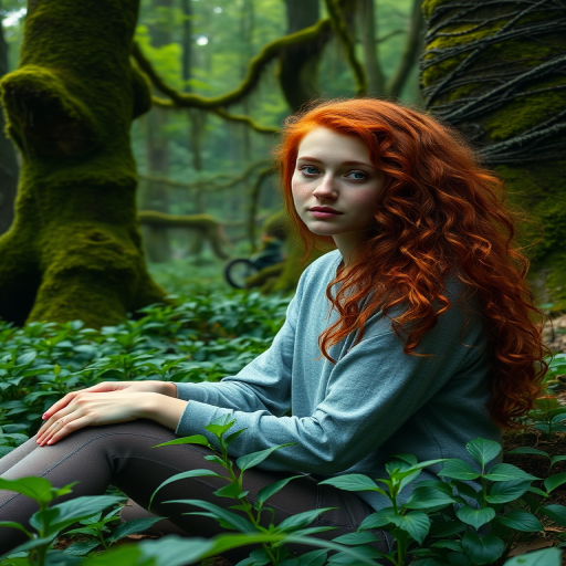Create an image of a person with long, curly red hair and freckles, sitting peacefully in a lush forest surrounded by green plants and moss-covered trees.